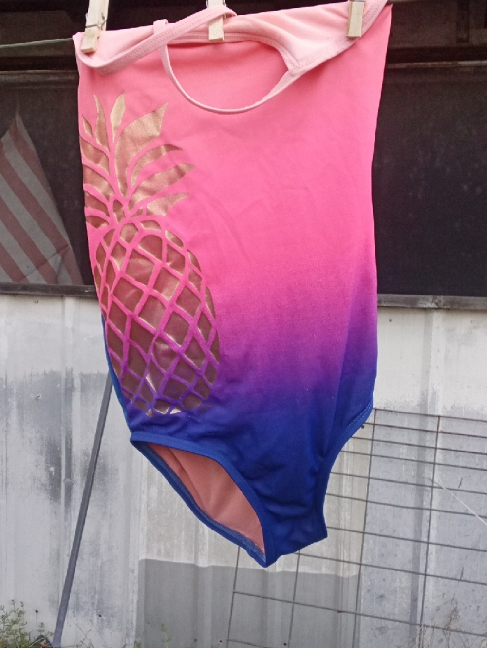 Justice Pink Swim Top with Blue Trim and Gold Accent